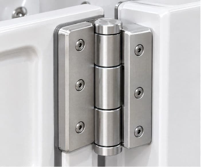 Close-up of a reinforced hinge on a walk-in bath door showing heavy-duty construction and clean aesthetic finish