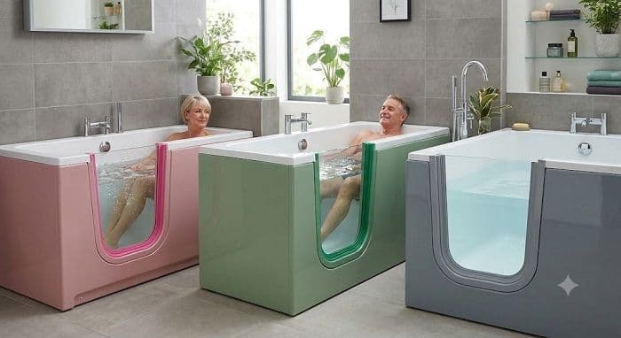 Three walk-in baths in pink, green, and grey, featuring clear doors with matching colored watertight seals