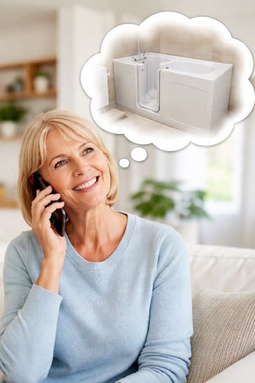 Person speaking on the phone while considering a walk-in bath installation